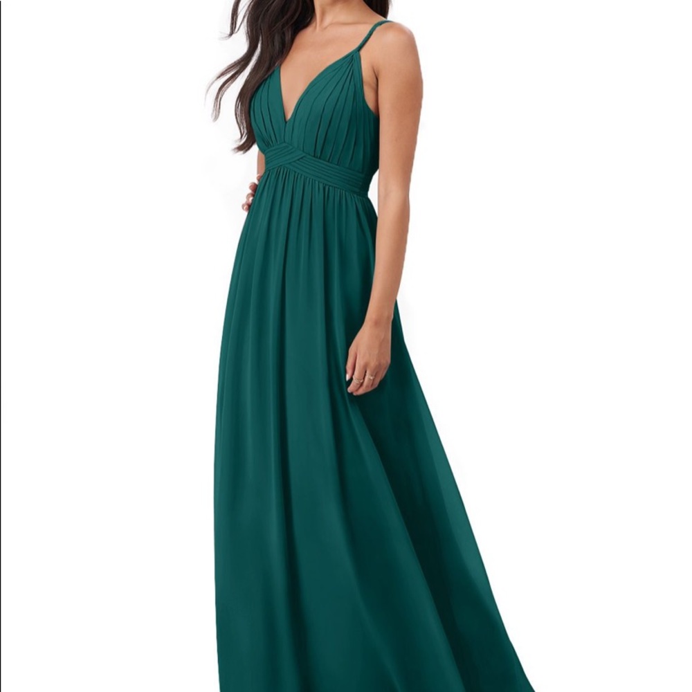 Peacock Azazie bridesmaid dress.